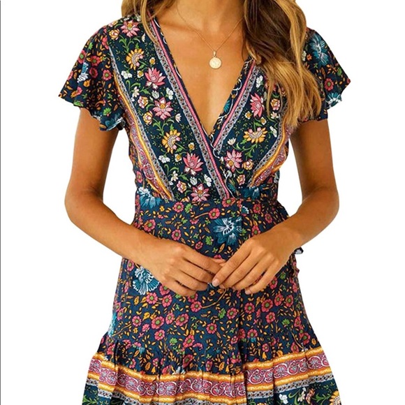 🏆Boho Floral Deep V Midi Dress - Picture 3 of 8